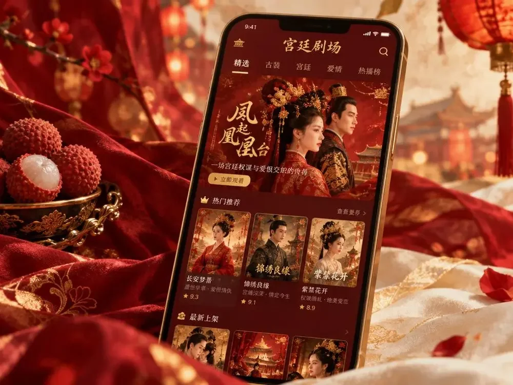 糯米短剧APP下载引导配图，手机与国风卷轴、宫灯